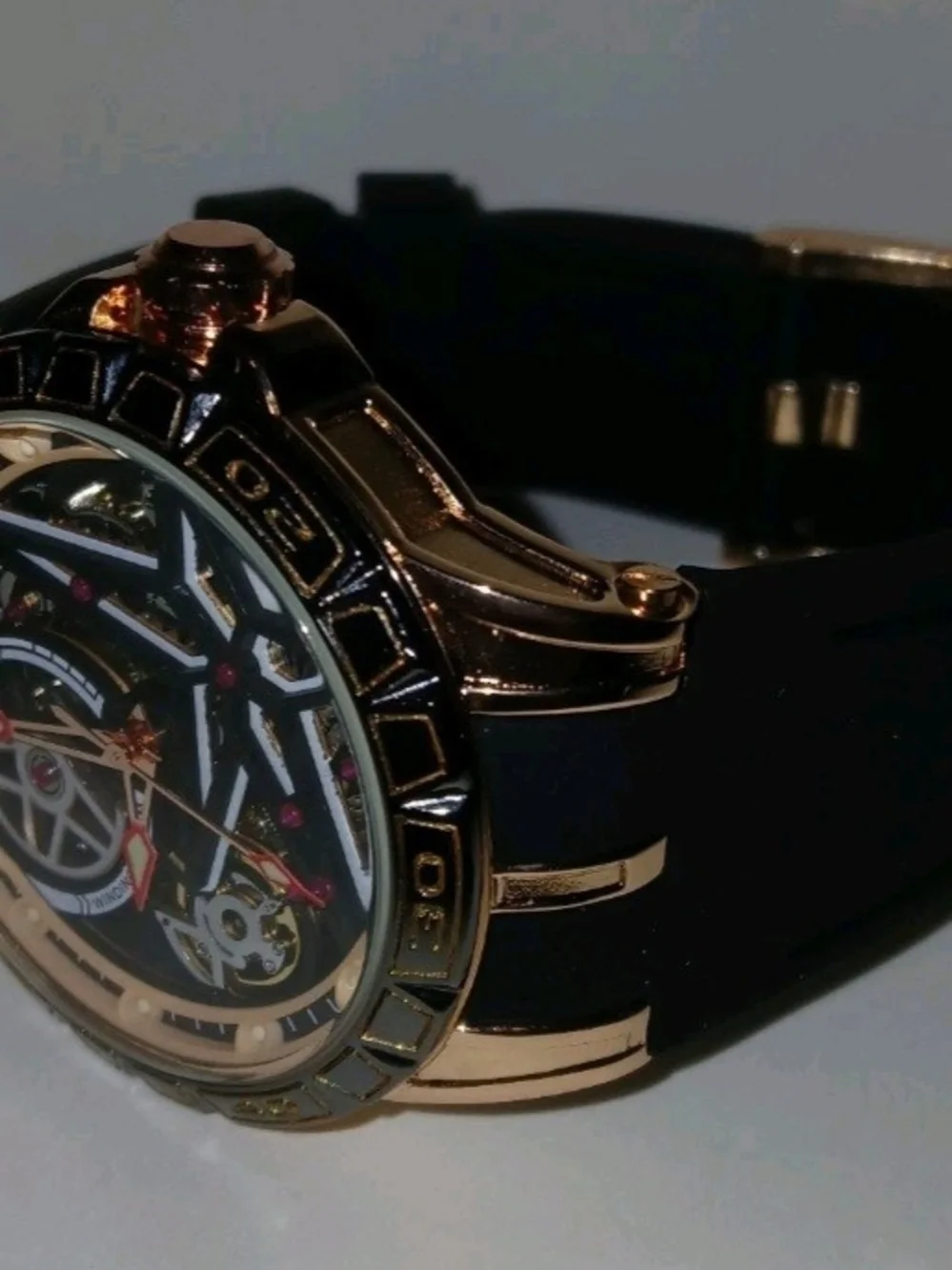 BiBi Rose Gold Skeleton Mechanical Watch with Black Strap and Red Accents